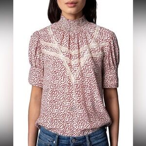 Zadig & Voltaire Tupelo Small Heart Blouse High Neck Lace Top Sz XS